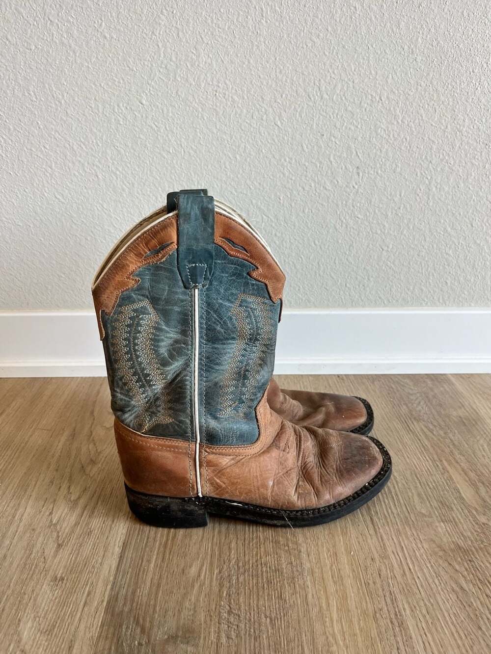 Old West, Youth 2 Ultra Flex Green/ Brown Leather Square Toe Cowboy Boots